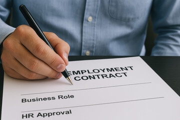 A person is signing an employment contract that details the business role and requires hr approval reflecting a professional agreement process