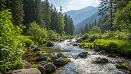 Obraz premium Serene Mountain River Flowing Through Lush Green Forest