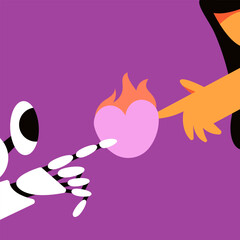 Love woman and AI robot. Girl experiences romantic relationship and love for chat bot with artificial intelligence. Flat vector illustration.