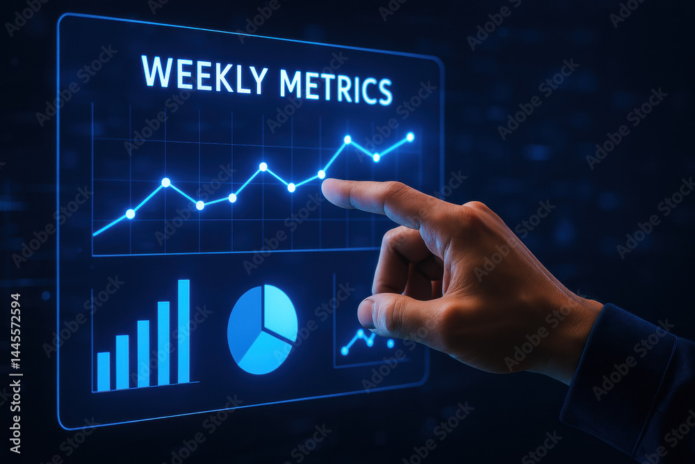 Poster a hand interacts with a transparent screen displaying weekly metrics highlighting business strategy 