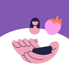 Girl using app with big heart as symbol of love and support. Concept of charity, donation, solidarity and human empathy. Flat vector illustration.