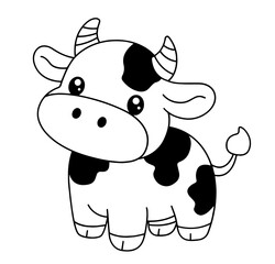 Cute Cartoon Cow with Big Eyes and Spots – Adorable Farm Animal Illustration for Kids, Educational Materials, Coloring Pages, Agriculture Themes, and Child-Friendly Farm Life Concepts


