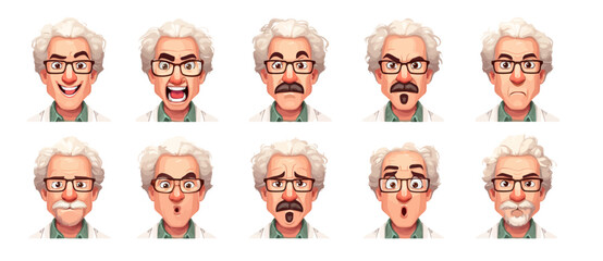 A set of expressive character faces for a Scientist in lab, showcasing different emotions: happy, angry, surprised, sad, mischievous, and neutral.