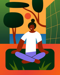 Black Asian Woman in lotus position on the roof of skyscraper. Balance between urbanism and inner peace. Meditation in the metropolis. Flat vector illustration.