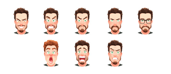Fototapeta premium A set of expressive character faces for a Musician, showcasing different emotions: happy, angry, surprised, sad, mischievous, and neutral.
