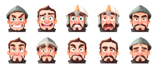 Fototapeta premium A set of expressive character faces for a Medieval knight, showcasing different emotions: happy, angry, surprised, sad, mischievous, and neutral.