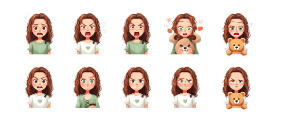A set of expressive character faces for a Little girl with teddy bear, showcasing different emotions: happy, angry, surprised, sad, mischievous, and neutral.