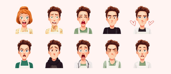 A set of expressive character faces for a Florist, showcasing different emotions: happy, angry, surprised, sad, mischievous, and neutral.