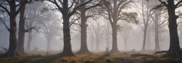 Misty dawn, ancient trees shrouded in fog, rustic charm, twilight, natural