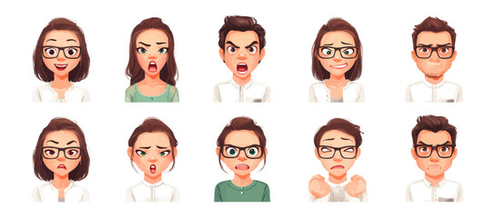 A set of expressive character faces for a Teacher, showcasing different emotions: happy, angry, surprised, sad, mischievous, and neutral.