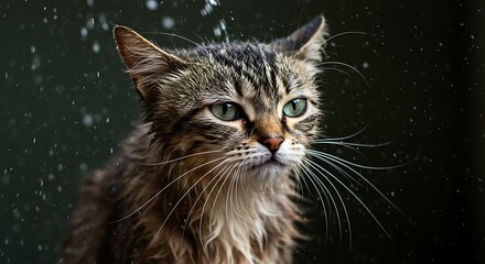 Cat Looking Upwards in the Rain Outdoor
