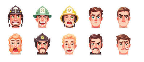 Fototapeta premium A set of expressive character faces for a Firefighter, showcasing different emotions: happy, angry, surprised, sad, mischievous, and neutral.