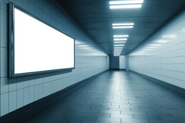 Illuminated subway hallway urban environment gigapixel quality focus on glowing billboard