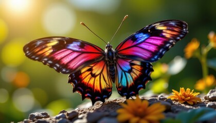 Naklejka premium the vibrant butterfly gently opens its intricate wings, revealing a stunning display of iridescent colors and delicate patterns, as it rests gracefully in the warm sunlight.