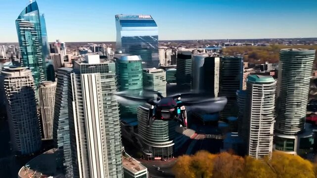 Drone flying over a modern cityscape with highrise buildings on a sunny day