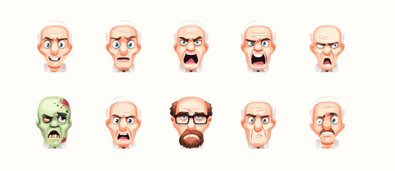 Fototapeta premium A set of expressive character faces for a Zombie, showcasing different emotions: happy, angry, surprised, sad, mischievous, and neutral.
