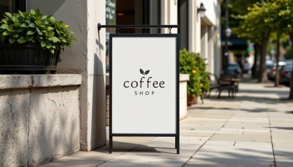 a minimalistic and modern street signboard mockup showcasing a sleek logo design for a coffee shop, featuring a muted color palette of neutral tones