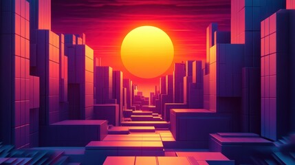 Sunset cityscape, futuristic blocks
