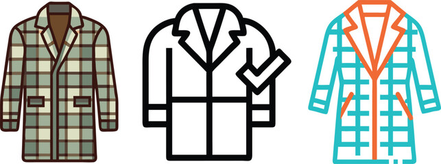 Checked Overcoat Icon Set, Plaid Outerwear Vector Designs