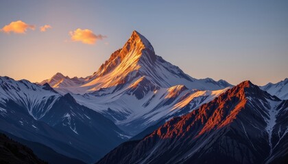 Fototapeta premium a view of a towering mountain peak in the tibetan snow capped mountains, bathed in warm golden light as the sun sets behind it, casting long shadows over the rugged terrain below.