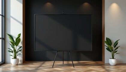 Fototapeta premium the image depicts a sleek, modern stand with an elegant black board on a dark background, symbolizing a sophisticated and professional atmosphere for business processes