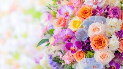 Obraz premium Vibrant bouquet of colorful roses, orchids, and hydrangeas arranged for a wedding celebration in bright daylight.