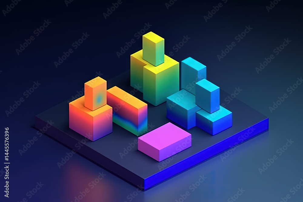 Poster 3D business graph with organized bars and information blocks. Abstract infographic element. Business growth and development to success concepts