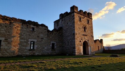 the long shadows cast by the setting sun onto the weathered walls of the ancient castle created a haunting and mysterious ambiance