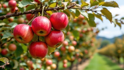 Obraz premium a close up image of a branch laden with ripe, juicy apples hanging against a blurred background of a fruit farm with apple trees
