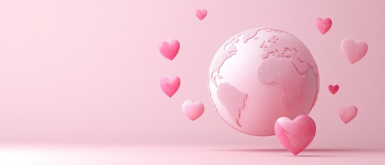 Pink globe with floating hearts