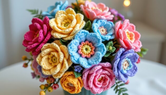 this crochet flower bouquet consists of delicate pastel colored flowers meticulously handcrafted and arranged into a stunning display