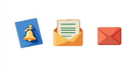 White backdrop showcasing bookmark, bell, and mail icons.