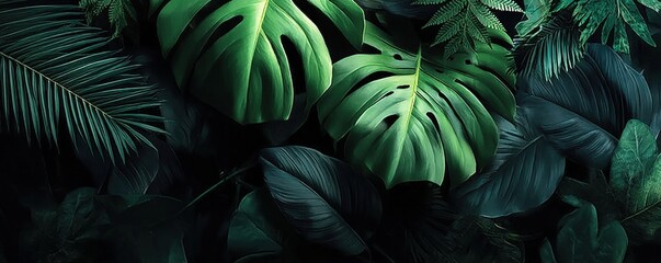 Fototapeta premium Lush tropical leaves in varying shades of green fill the image, creating a dense and vibrant jungle-like atmosphere.