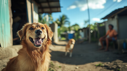 Pet owner and vet chatting outside a rural clinic, a happy dog panting in the sun beside them