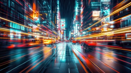 Obraz premium Cyberpunk neon city street with glowing lights and fast moving cars
