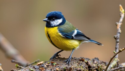 the great tit bird is a small yet vibrant bird with a yellow belly, dark blue wings, and a black head with white cheeks, known for its cheerful song and agile acrobatics.