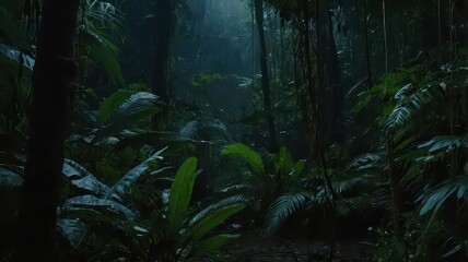Deep, Misty Jungle with Lush Greenery and Filtering Light