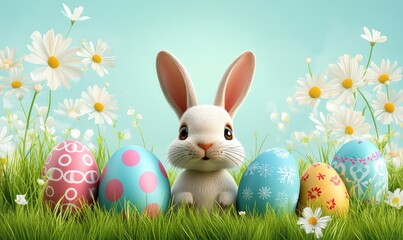 Happy Easter banner with colorful eggs, bunny, and spring grass for holiday greeting. AI generated illustration.