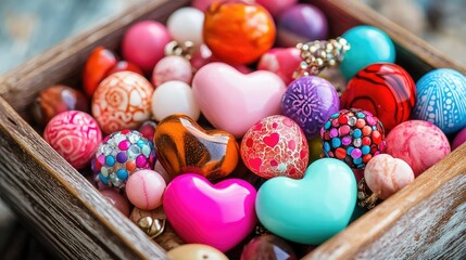 Fototapeta premium Close-up of vibrant artisan beads and hearts in vintage-style jewelry box