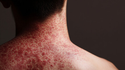 Naklejka premium A close-up of a person's back covered in severe allergic hives, showing red, inflamed, swollen skin with a bumpy texture, representing a severe allergic reaction or skin condition. allergic reaction, 