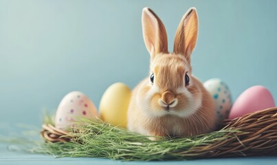 Happy Easter banner with colorful eggs, bunny, and spring grass for holiday greeting. AI generated illustration.