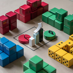 Naklejka premium Realistic flat lay of colorful glossy cubes, dominoes with business icons on neutral background, showcasing growth and innovation concepts with arrow symbols and professional planning themes, perfect