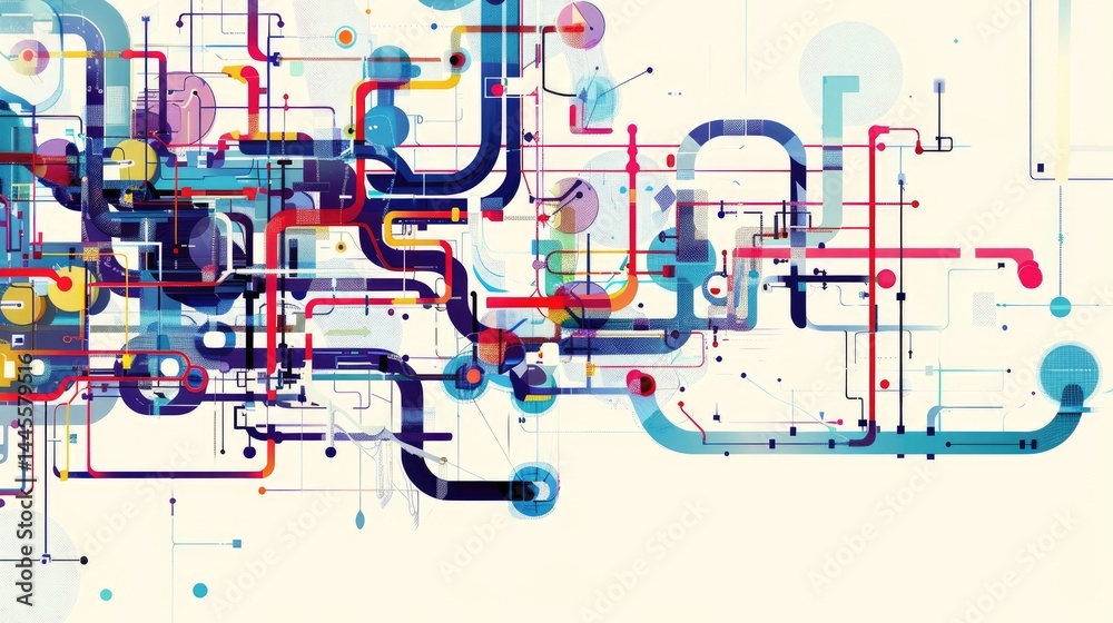 Poster colorful abstract design featuring intricate lines and shapes representing workflows and processes. 
