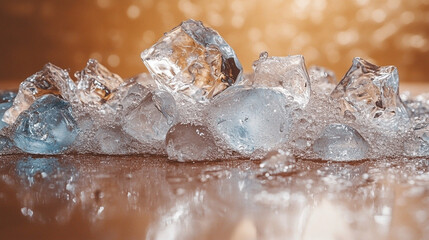 Obraz premium Ice cubes melting on reflective surface with bokeh background