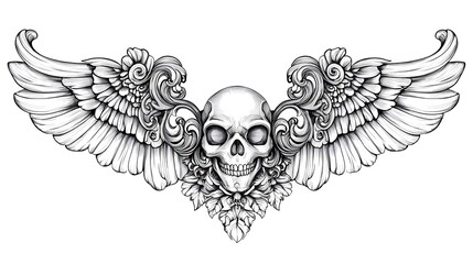 Ornate Skull with Wings: A Detailed Ink Drawing