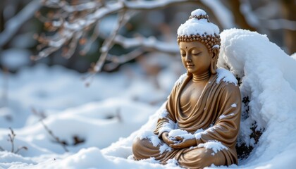 a serene buddha statue peacefully sits under a blanket of pure white snow, its tranquil expression unaffected by the coldness surrounding it