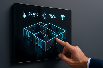 Smart Home Touchscreen Interface with 3D House Layout Displaying Temperature and Lighting Control on Modern Digital Panel for IoT Automation and Convenience in Futuristic Technology Setting