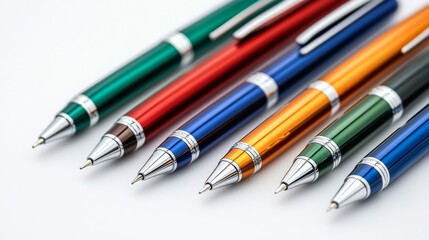 Metal ballpoint pen and multicolor pen set, including red, blue, green, and black, displayed on a white background