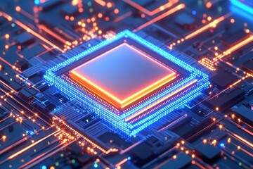 Obraz premium Illuminated Microchip Futuristic Digital Circuit Board Representing Technology and Connectivity