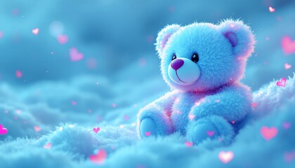 Fototapeta premium Teddy Bear Sitting in Soft Clouds with Pink Hearts Falling